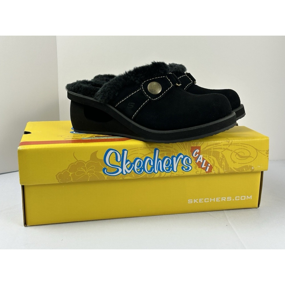 Vintage Y2K Skechers Cali The Buzz Gasse Black Fur Clogs Mules Sz 7